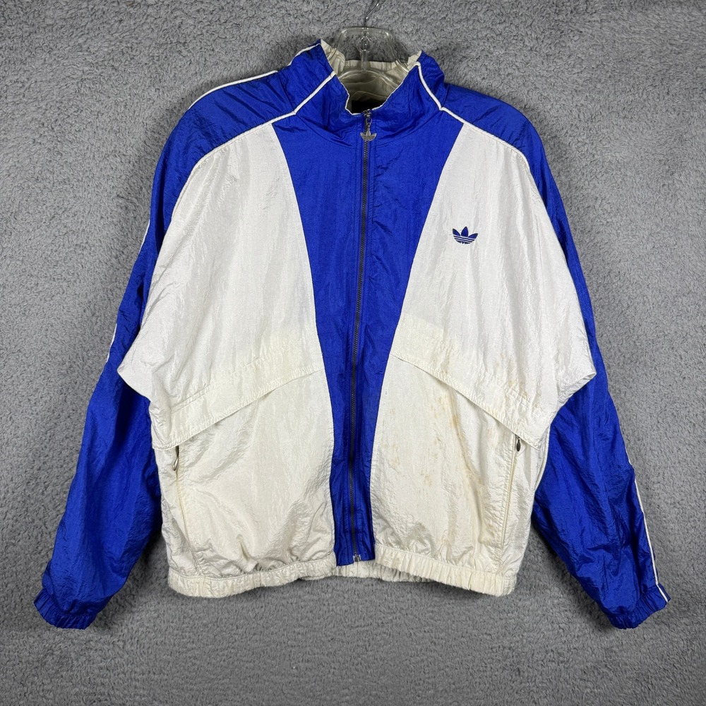 Vintage Adidas Trefoil Windbreaker Mens Medium Blue White Colorblock 90s Jacket